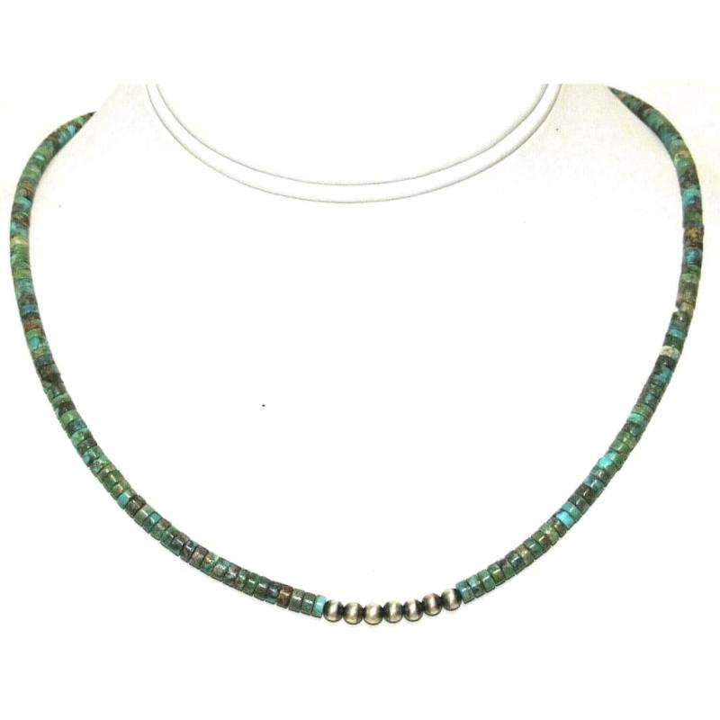 Navajo Rolled Turquoise & Sterling Beads Heishi Choker Necklace Native American: Stunning Navajo Kingman turquoise small rolled beads and sterling silver beads choker necklace with sterling silver clasp. Measures about 18" long. Gorgeous, elegant piece that is sure to complement a