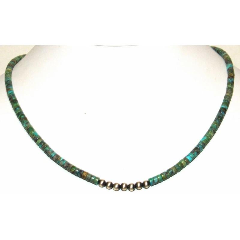 Navajo Rolled Turquoise & Sterling Beads Heishi Choker Necklace Native American: Stunning Navajo Kingman turquoise small rolled beads and sterling silver beads choker necklace with sterling silver clasp. Measures about 18" long. Gorgeous, elegant piece that is sure to complement a