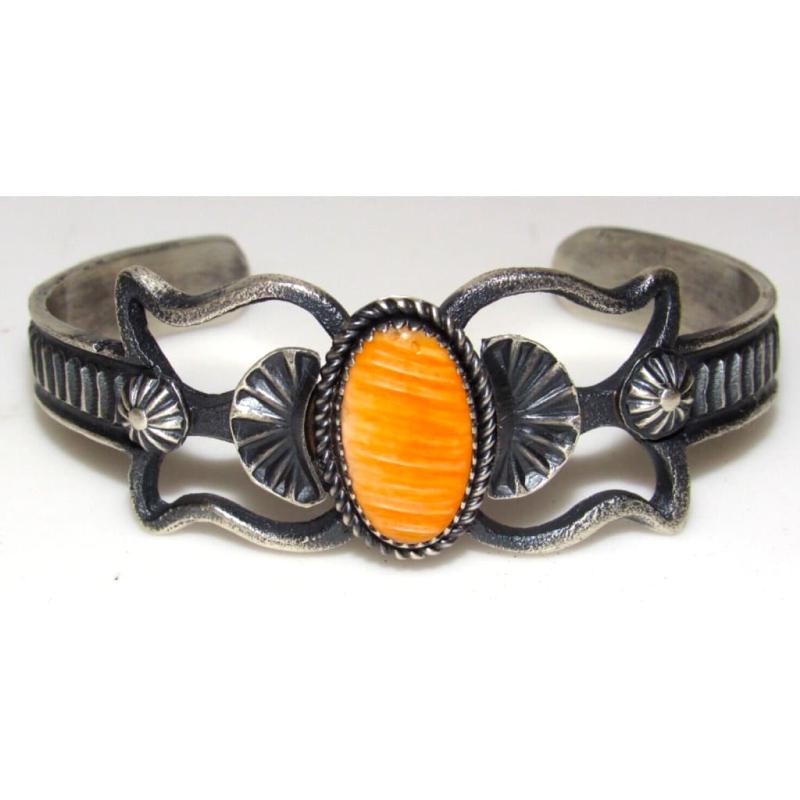 Navajo Orange Spiny Cuff Bracelet Sand Cast Sterling Silver K Billah (1 of 4)