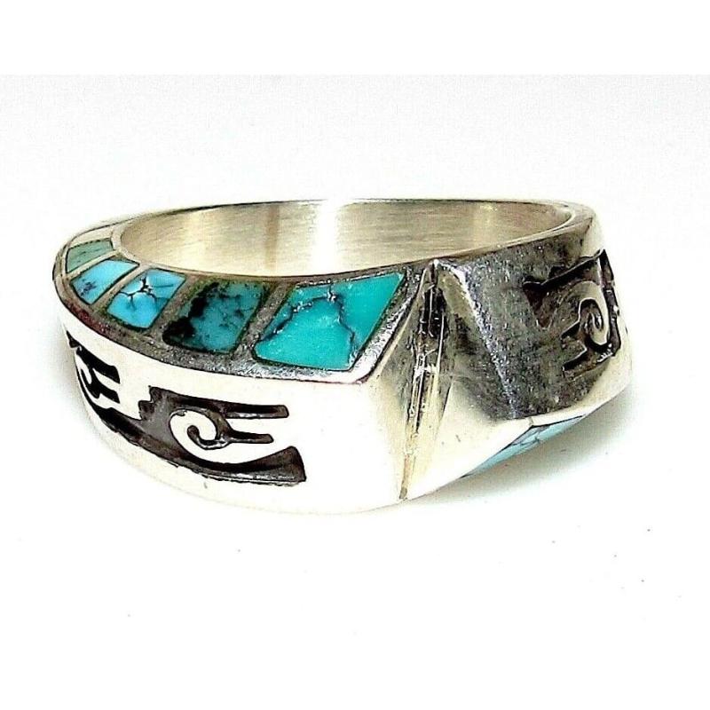 NAVAJO LONN PARKER Ring Size 7 Sterling Silver Turquoise Inlay Signed Band (1 of 5)