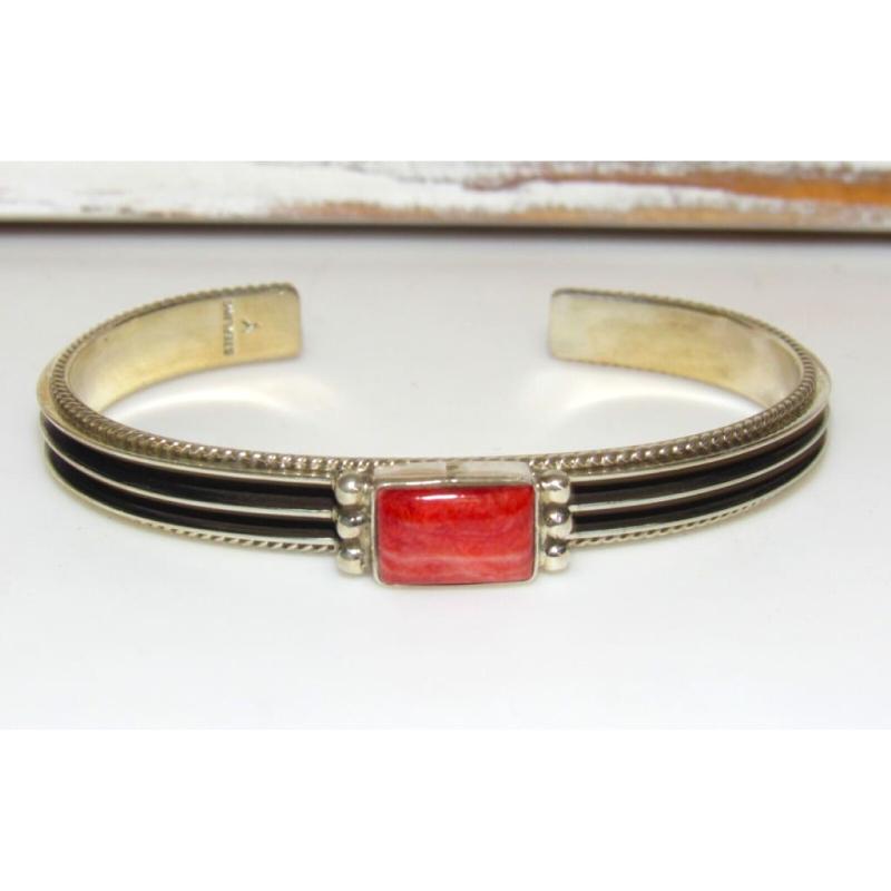 Navajo Red Orange Spiny Oyster Stacker Cuff Bracelet Sterling Silver D Yazzie (1 of 5)