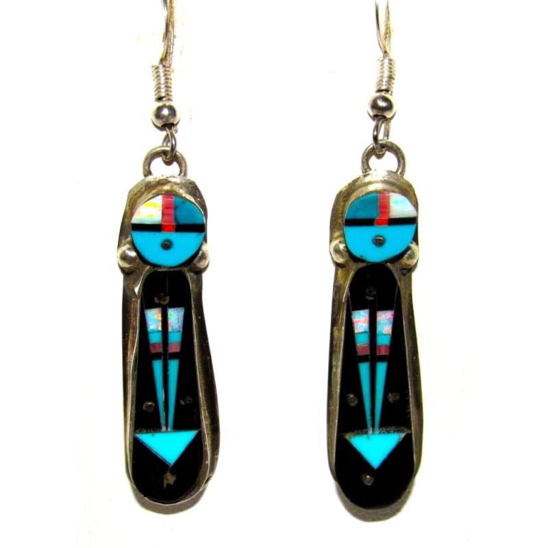 Navajo Sunface Kachina Earrings Jet Opal Inlay Sterling Silver Signed (1 of 3)