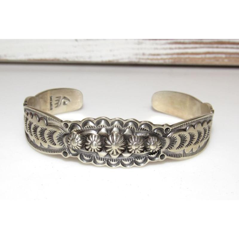 Navajo Stacker Cuff Bracelet Sterling Silver Hand Stamped Repousse Signed Native (1 of 5)