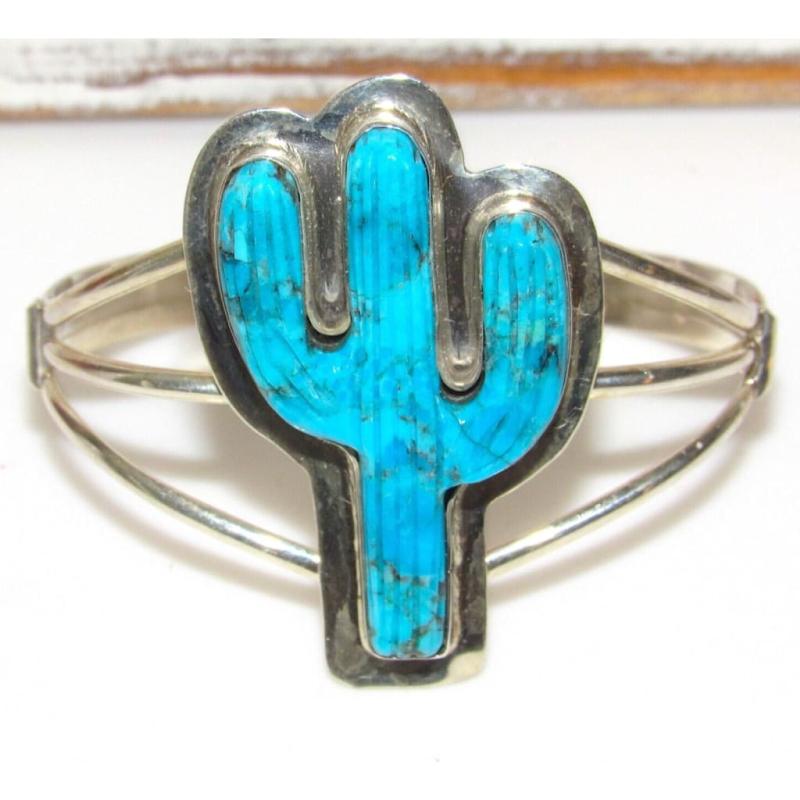 Navajo Turquoise Cactus Bracelet Sterling Silver Native American Cuff Singed (1 of 6)