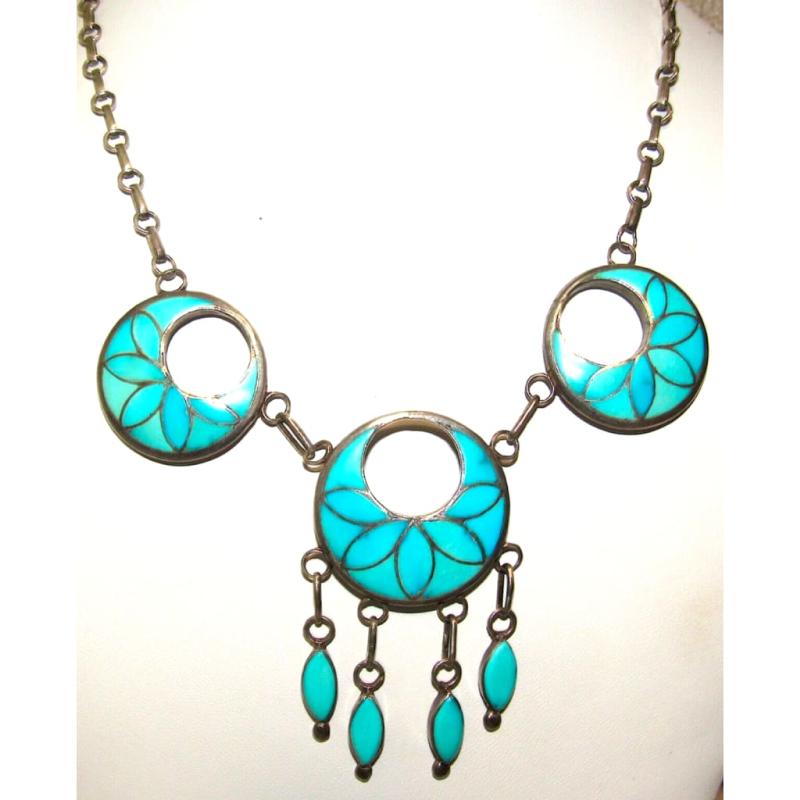 VTG Zuni Frank Vacit Inlay Turquoise Dangle Necklace Sterling Silver Native (1 of 10)