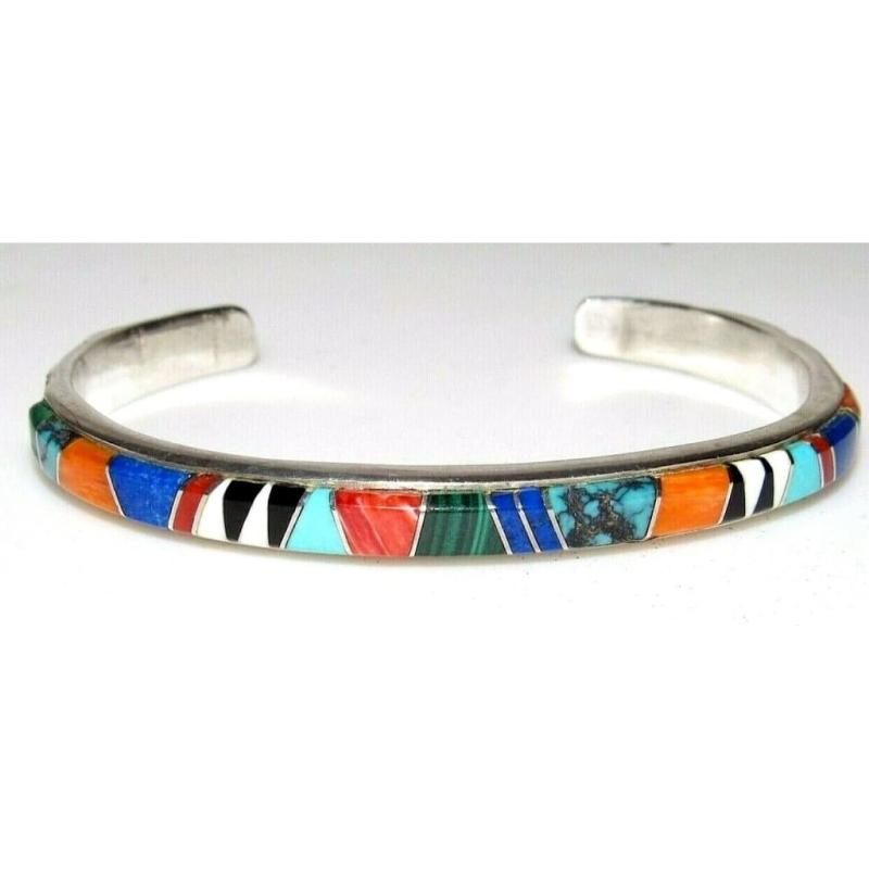 VTG Navajo Multi Stone Inlay Stacker Cuff Bracelet Sterling Native Signed (1 of 10)