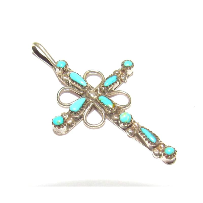 VTG Zuni Turquoise Cross Pendant Sterling Silver Native American (1 of 4)