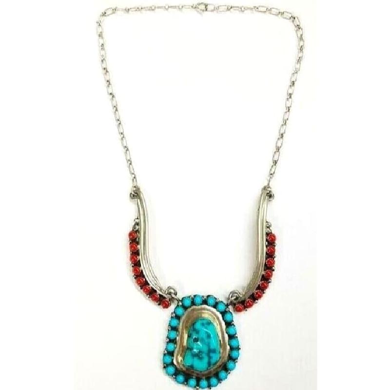 VTG Navajo Kingman Turquoise Coral Necklace Robert Kelly Sterling Native: For your consideration is this phenomenal Navajo sterling silver, coral and Kingman turquoise choker necklace by the highly collectible Navajo artist Robert Kelly. Intricately hand-etched cluster desi