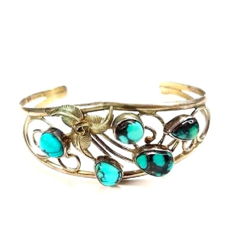 VTG Navajo Sterling Turquoise Cuff Bracelet Old Pawn Blossom Design S. Henry (1 of 5)