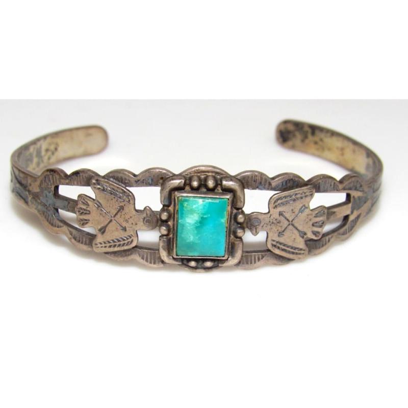 VTG Navajo Fred Harvey Era Cuff Bracelet Sterling Siver Turquoise Thunderbird (1 of 5)