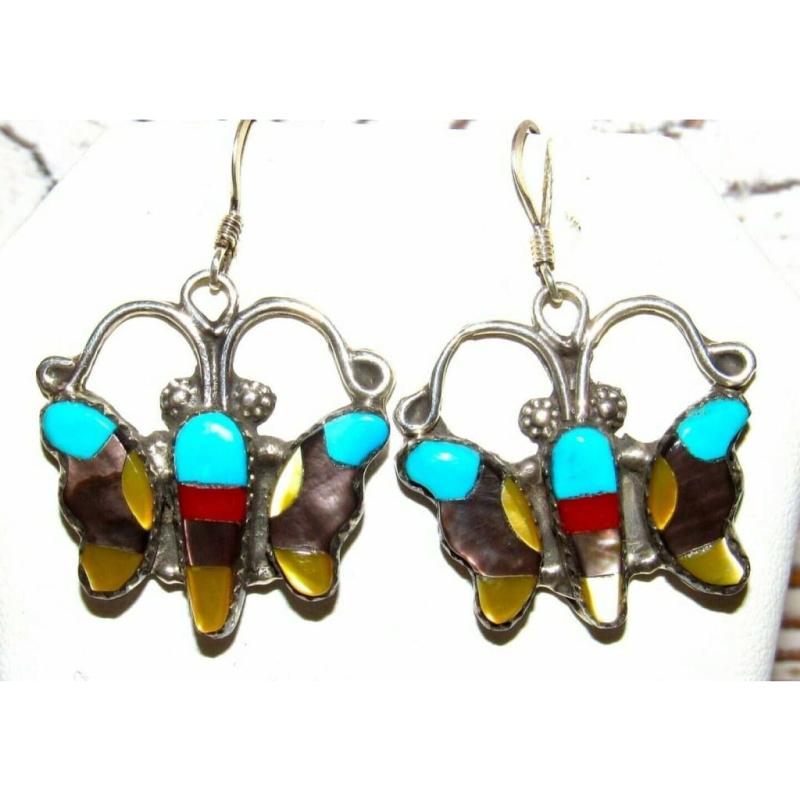 Zuni Inlay Butterfly Earrings Sterling Silver Leonard Martza Native American (1 of 5)