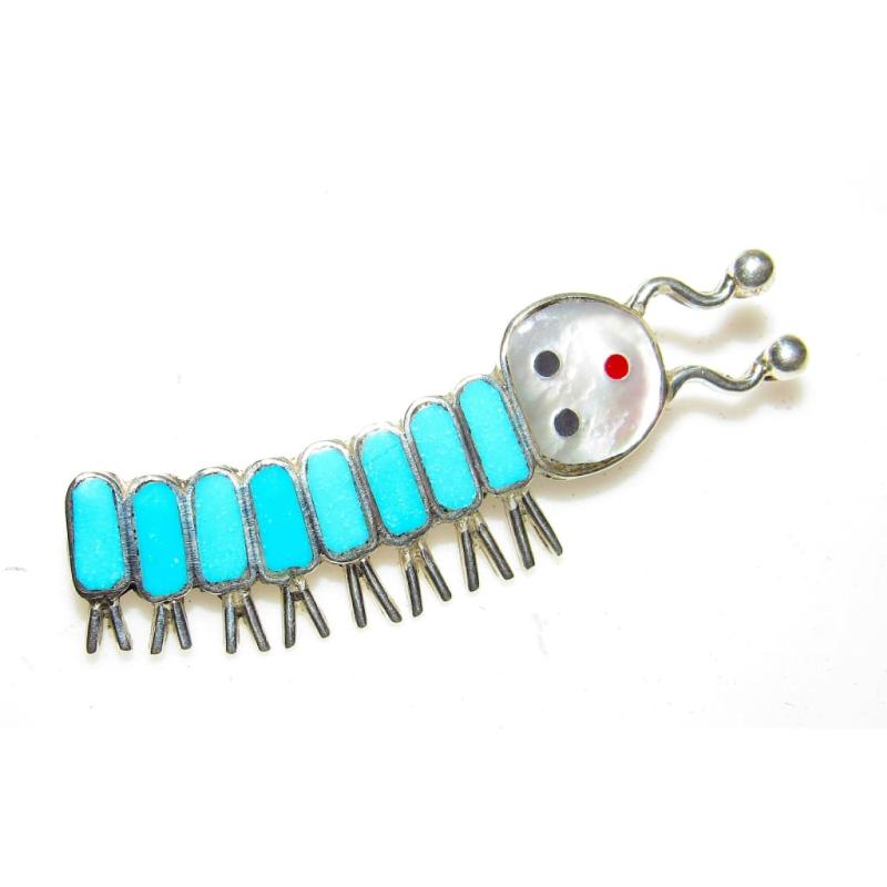 Zuni Caterpillar Pin Brooch Sterling Silver Turquoise Coral Mother of Pearl Inlay: For your consideration is this exquisite, collectible Zuni sterling silver and turquoise stone inlay caterpillar brooch/pin including coral, jet and mother of pearl. The pin features an intricately ha