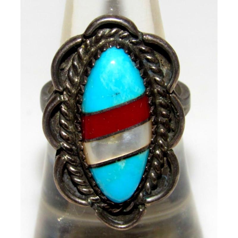 Vintage Navajo Inlay Ring Sz 6.5 Larry Pinto Sterling Turquoise Coral (1 of 4)