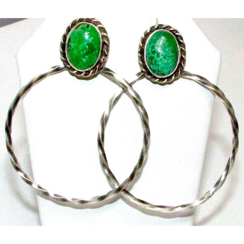 Navajo Royston Turquoise Hoop Earrings Sterling Silver Native American Signed (1 of 4)