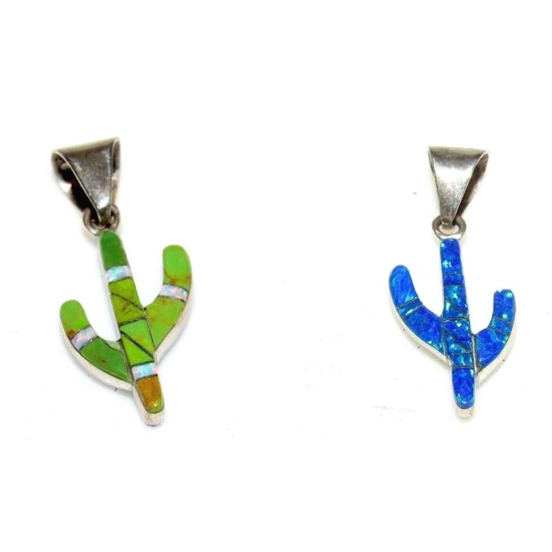 Navajo Small Reversible Cactus Pendant Charm Turquoise Opal Sterling Silver (1 of 9)