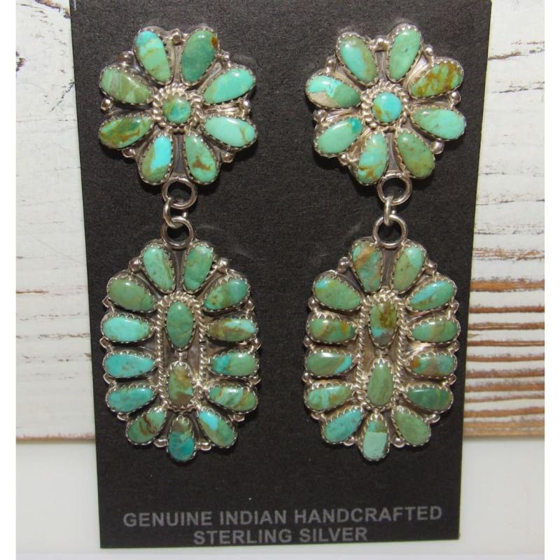Navajo Turquoise Cluster Dangle Earrings Sterling Silver Signed Native American (1 of 6)