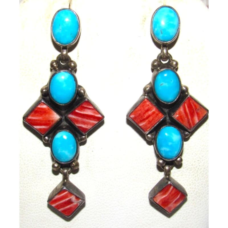 VTG Navajo Red Spiny Turquoise Cluster Sterling Silver Dangle Earrings Native (1 of 4)