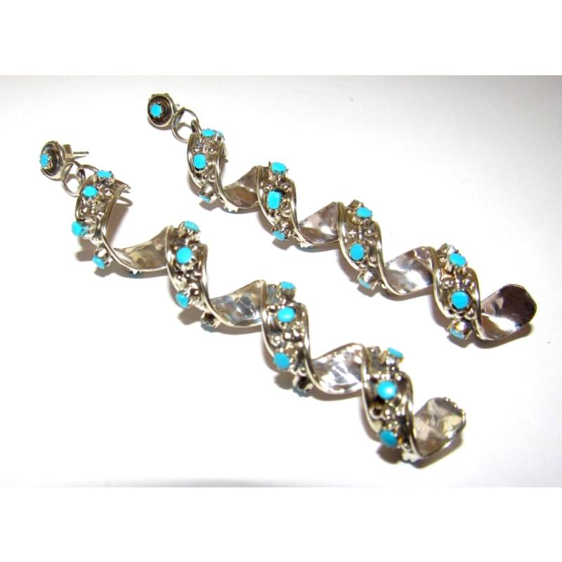 Zuni Snake Eye Turquoise Spiral Dangle Earrings Sterling Silver Native American (1 of 8)