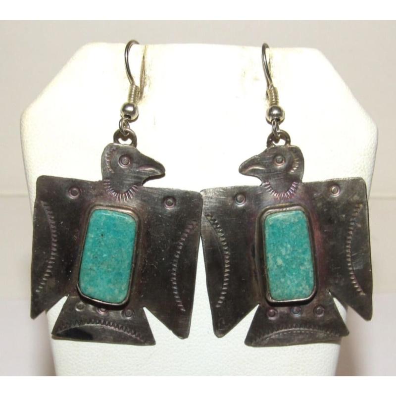 VTG Navajo Thunderbird Dangle Earrings Royston Turquoise Sterling Silver (1 of 3)