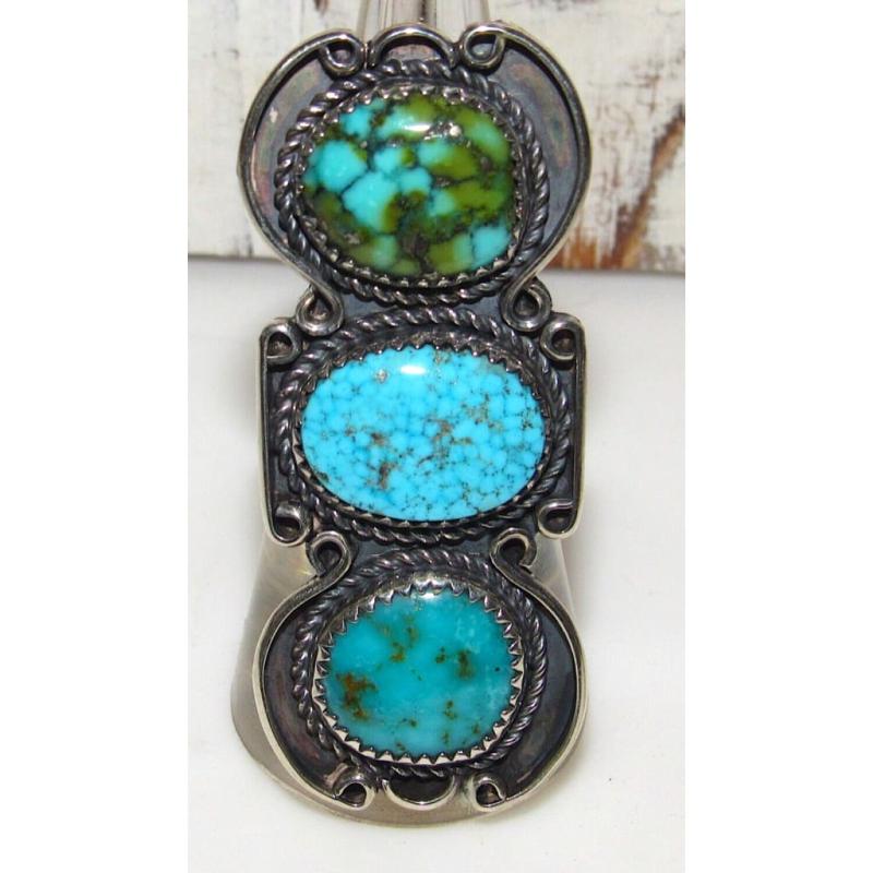 Navajo Royston & Number 8 Turquoise Statement Ring Sz 8 Sterling Silver Signed (1 of 8)
