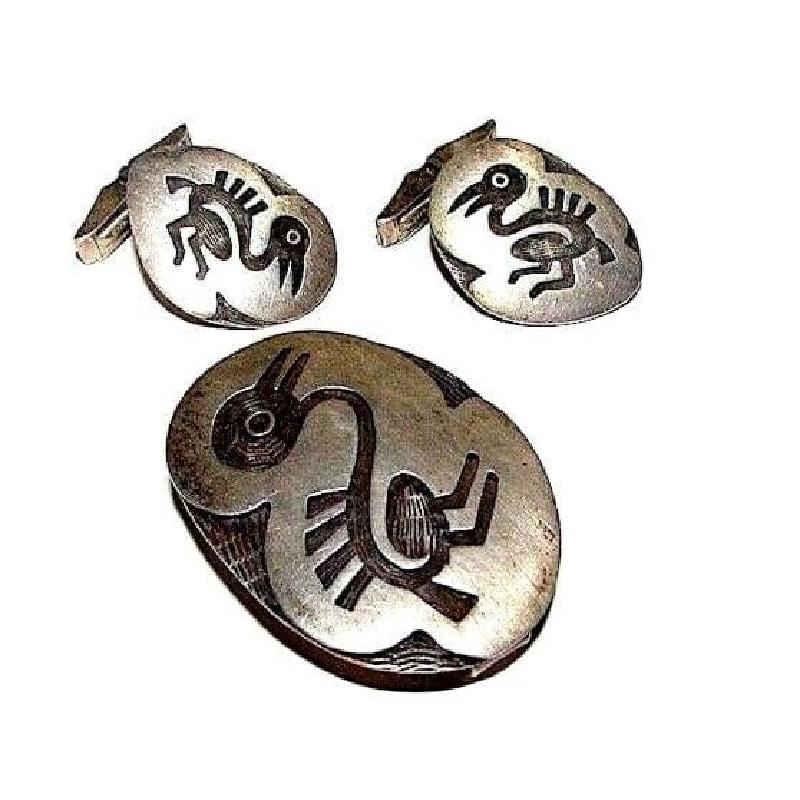 Vintage HOPI Overlay Cuff Links Tie Clip Set Signed Native American (1 of 4)