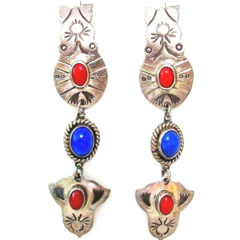 VTG Navajo Coral Lapis Dangle Earrings Sterling Silver Native American (1 of 6)