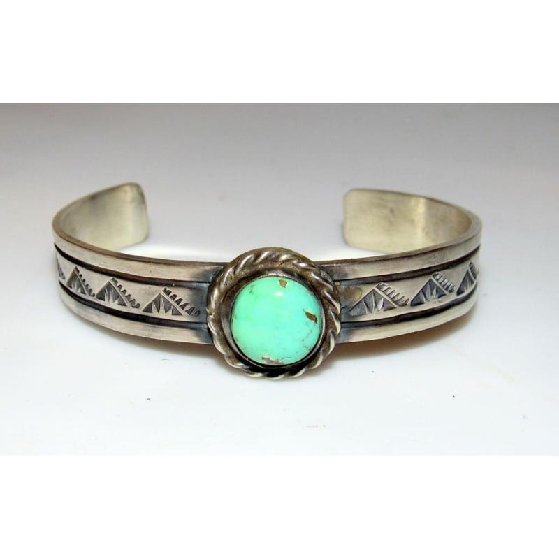 Navajo Royston Turquoise Sterling Hand Etched Stacker Cuff Bracelet Signed (1 of 7)
