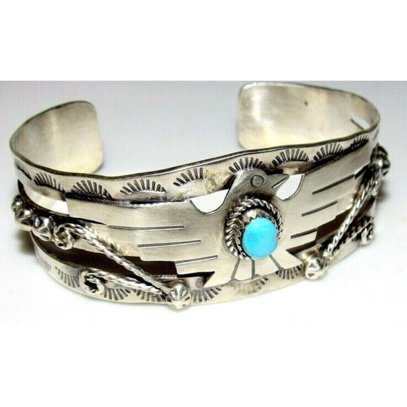 Navajo Thunderbird Cuff Bracelet Sterling Sleeping Beauty Turquoise Signed (1 of 7)
