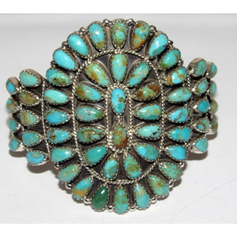Massive Navajo Turquoise Cluster Cuff Bracelet Sterling Silver Native Signed (1 of 6)