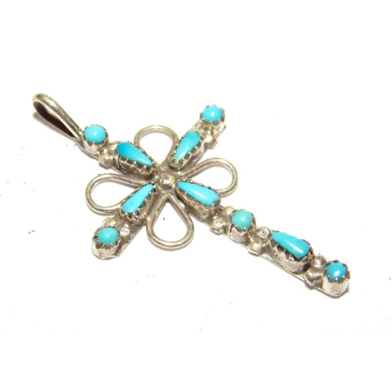 VTG Zuni Turquoise Cross Pendant Sterling Silver Native American (1 of 5)
