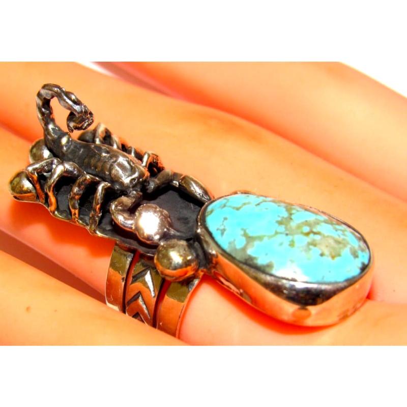 Scorpion Ring Sz 7 Native American Sterling Silver Number 8 Turquoise Signed (1 of 5)