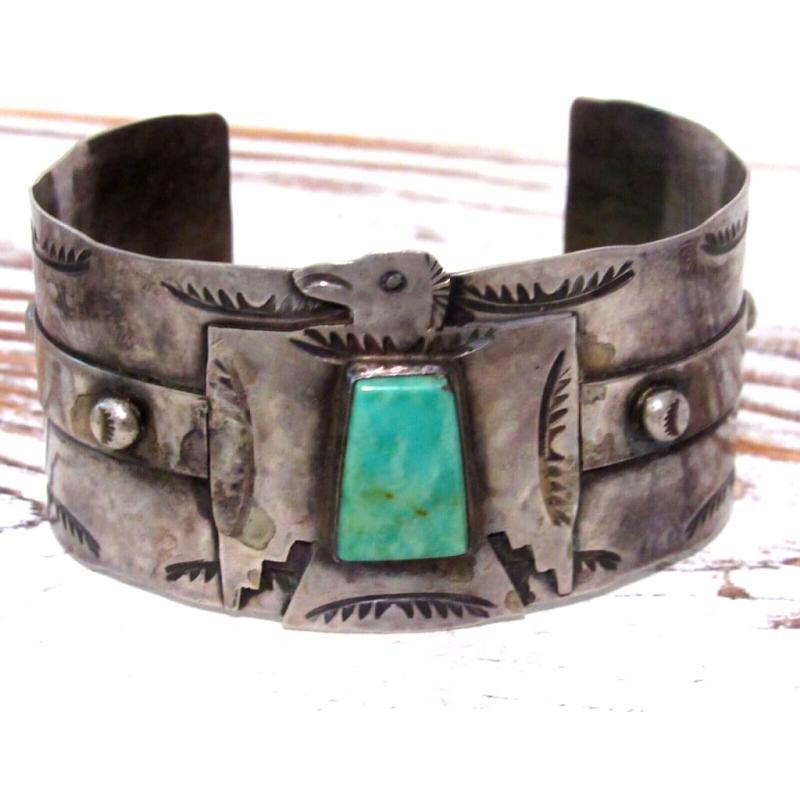 VTG Navajo Thunderbird Cuff Bracelet Sterling Silver Royston Turquoise Signed (1 of 8)