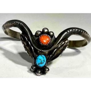 Old Pawn Navajo Turquoise Coral Sterling Silver Stacker Cuff Bracelet Mary Lew (1 of 7)