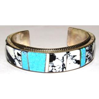 Massive Navajo Inlay Bracelet White Buffalo & Opal Sterling Cuff Native (1 of 8)