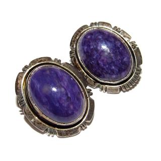 VTG Navajo Sugilite Clip On Earrings Sterling Silver Patrick Smith: Wonderful, classic vintage Navajo sterling silver and purple sugilite clip on earrings by the Navajo artist Patrick Smith. The earrings measure about 1" and are a clip on style. Traditional, classic d