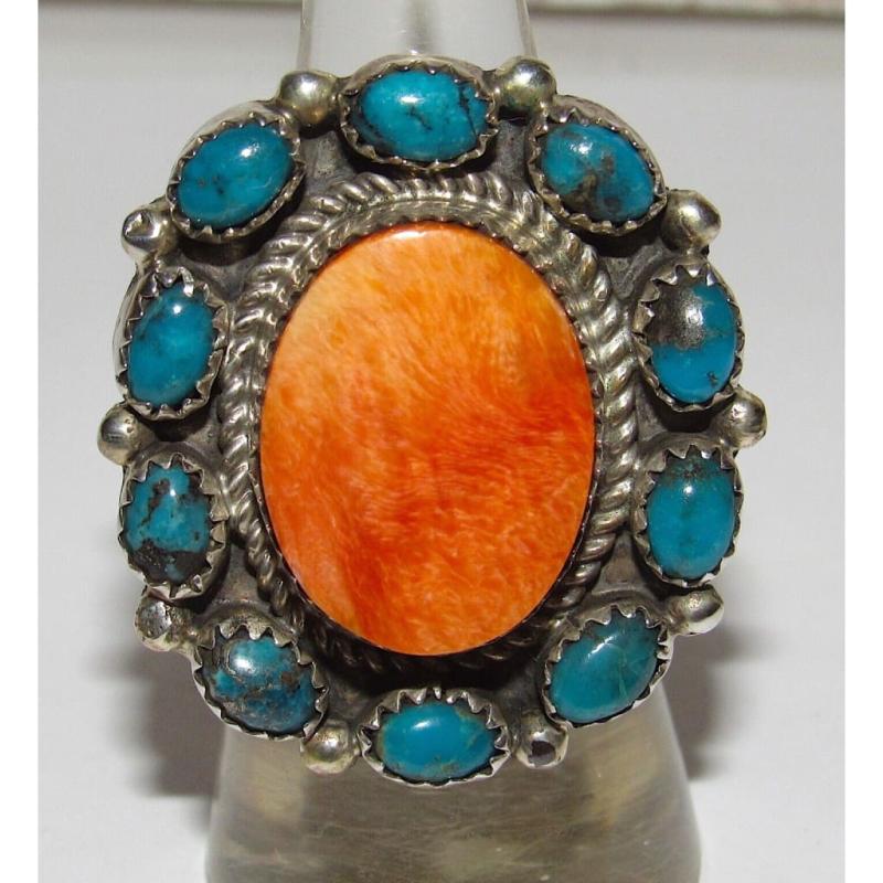 Navajo Cluster Ring Sz 7 Orange Spiny Oyster Turquoise Sterling Silver (1 of 7)