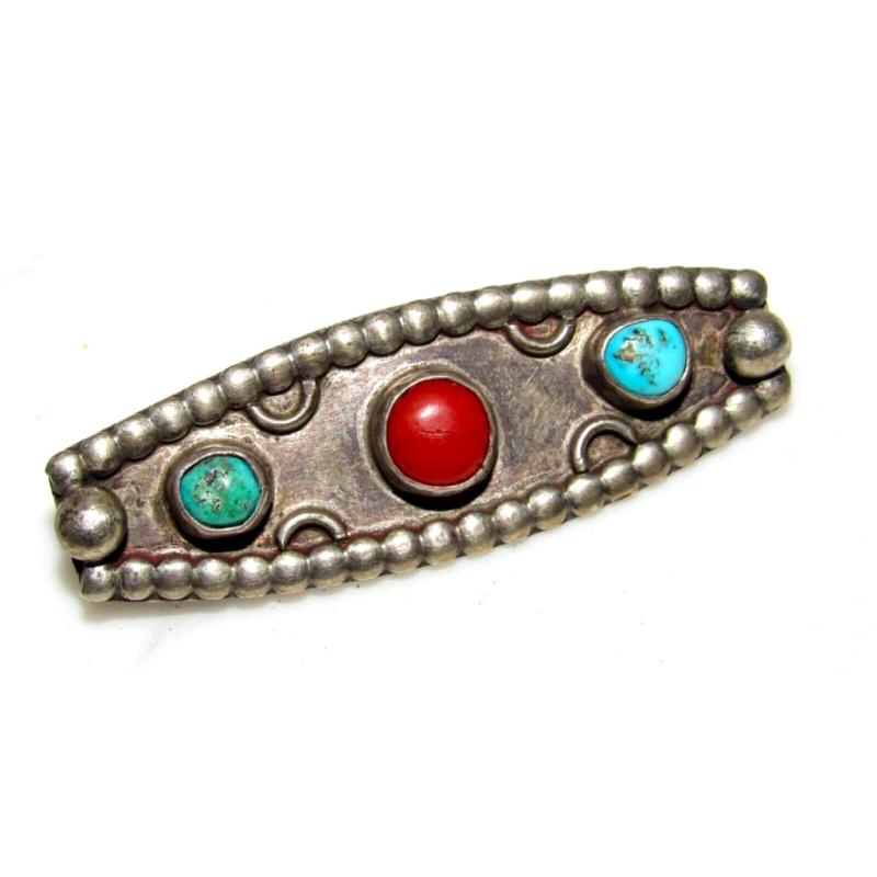 Old Pawn Navajo Turquoise Coral Sterling Silver Brooch: Stunning vintage Navajo sterling silver, turquoise, and coral brooch/pin in nice vintage condition. Measures about 2" long by about 3/4" wide. Traditional hand-etched Navajo design. Unmarked as most v