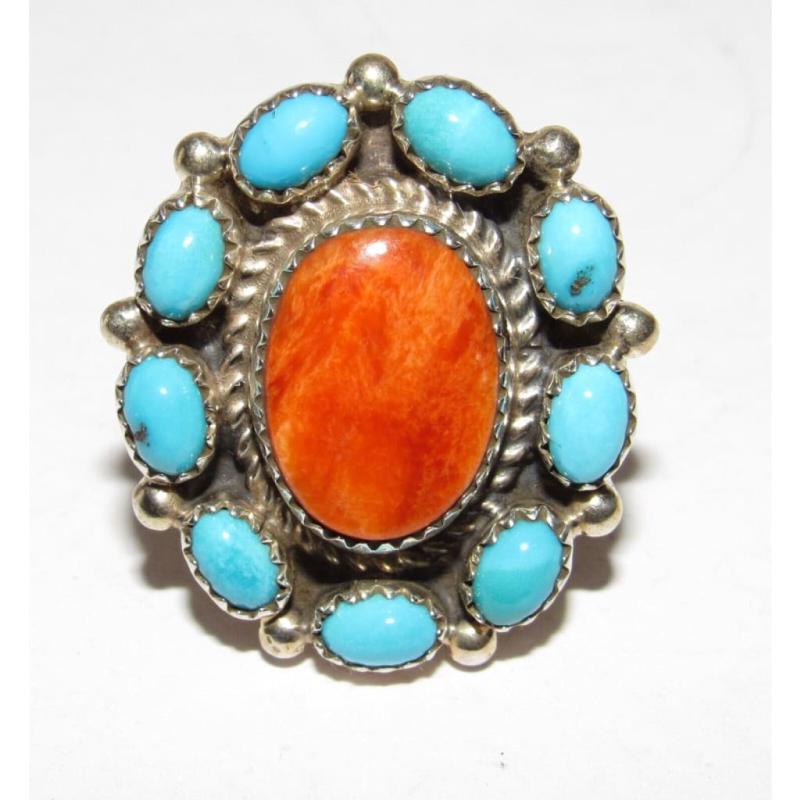 Navajo Royston Turquoise Orange Spiny Cluster Ring Sz 8 Sterling Silver Native (1 of 6)