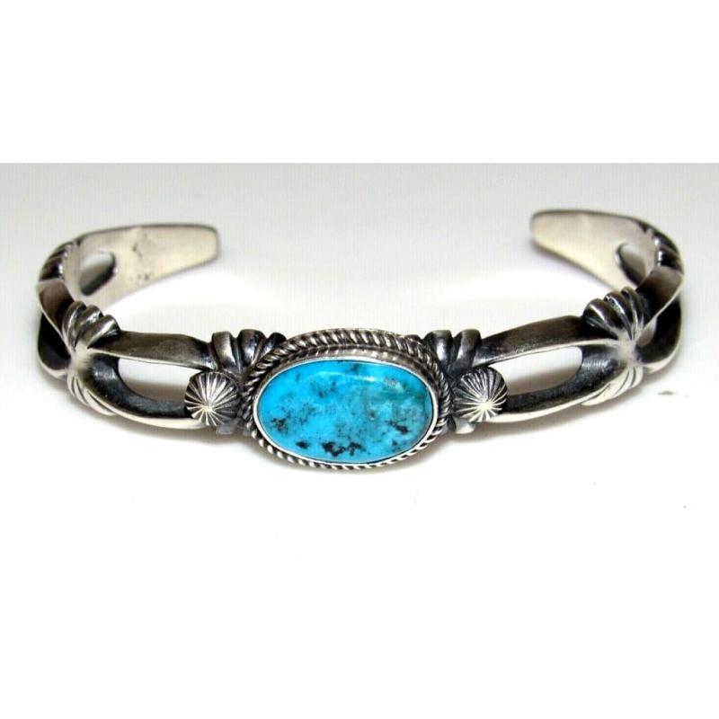 Navajo Sand Cast Cuff Bracelet Sterling Kingman Turquoise Stacker Signed Native (1 of 4)