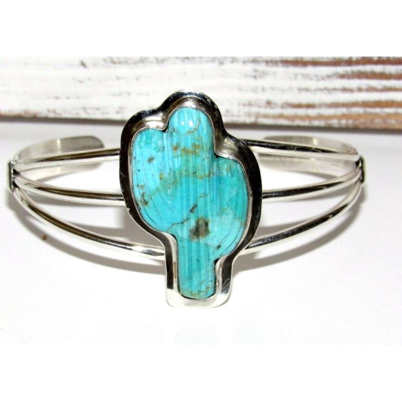 Navajo Turquoise Cactus Bracelet Sterling Silver Native American Cuff (1 of 4)