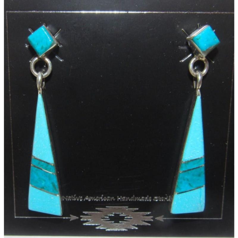 Navajo Turquoise Inlay Dangle Earrings Sterling Native M Yazzie (1 of 4)