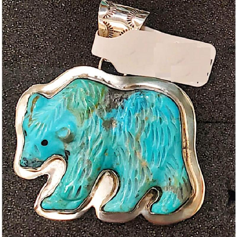Navajo Carved Turquoise Bear Pendant Sterling Silver Native American Signed (1 of 2)