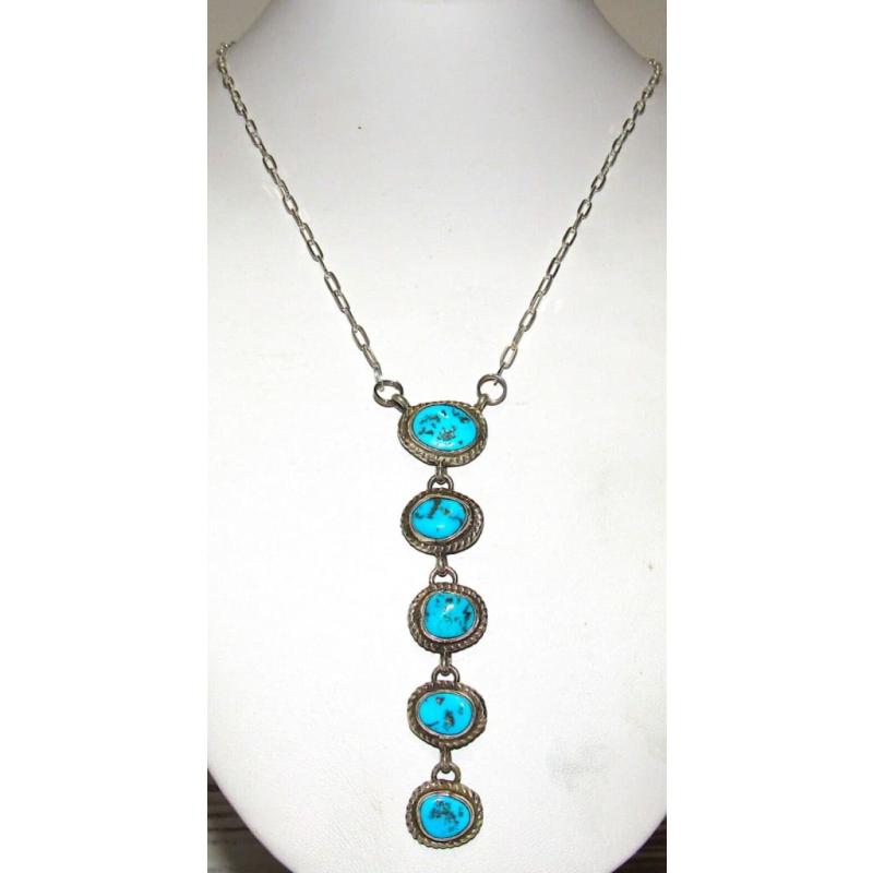 Navajo Kingman Turquoise Small Lariat Necklace Sterling Silver M. James (1 of 8)