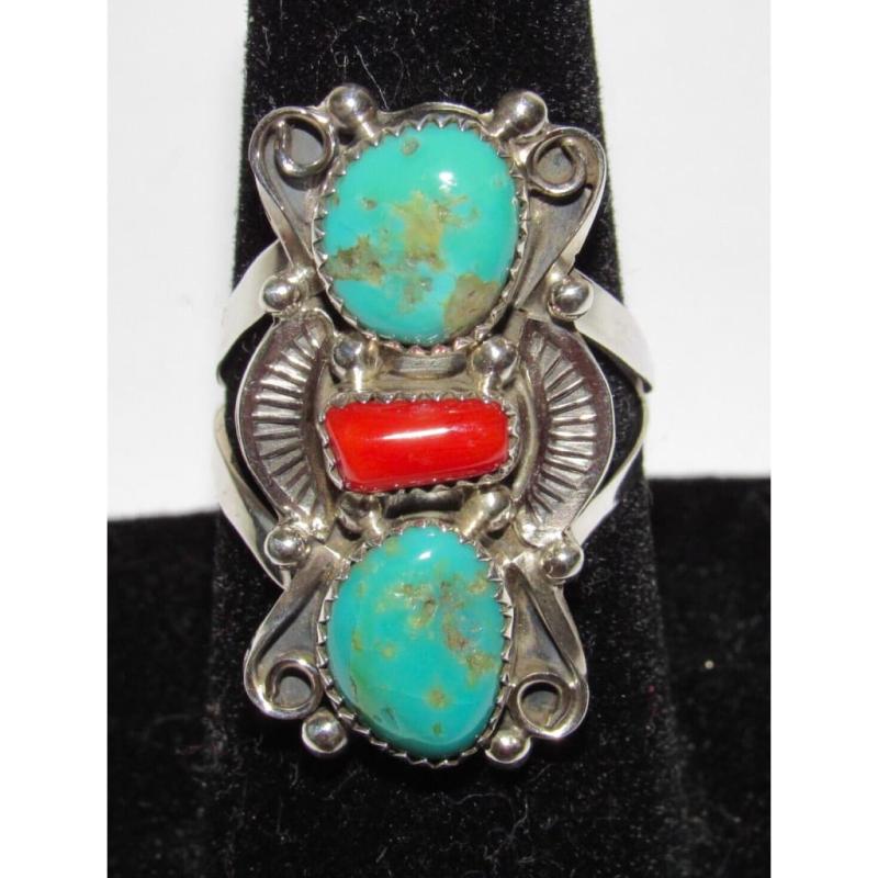 Navajo Royston Turquoise Coral Ring Sz 8 Sterling Silver Signed Native American (1 of 4)