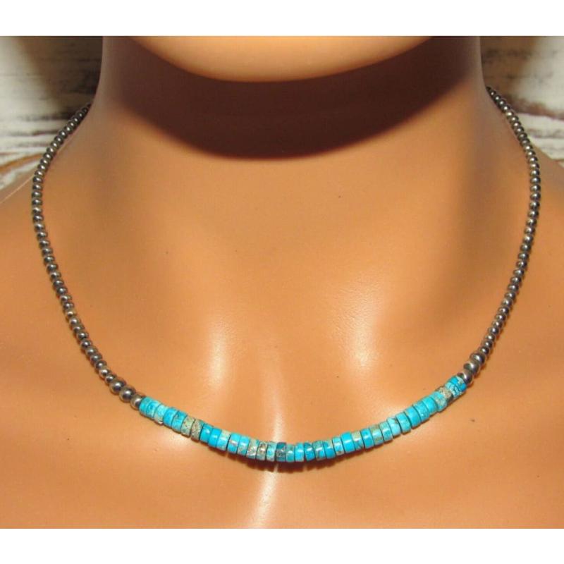 Navajo Pearls Necklace Sterling Silver Kingman Turquoise Native American (1 of 4)