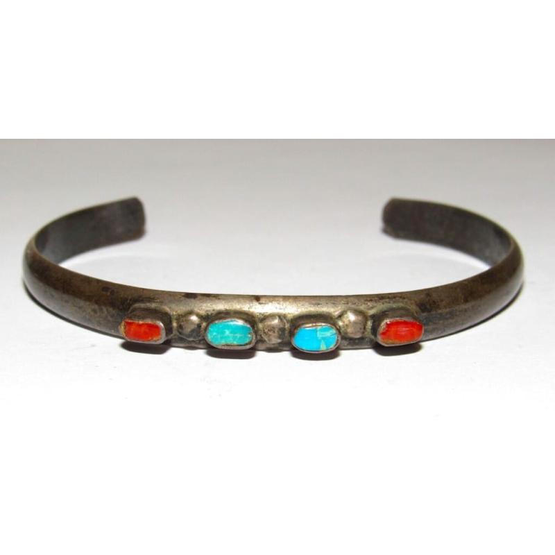 Old Pawn Navajo Turquoise Coral Sterling Stacker Cuff Bracelet Smaller Wrist (1 of 5)