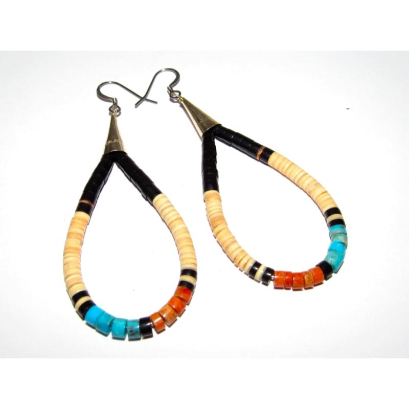 Navajo Rolled Spiny Oyster, Pin Shell, & Turquoise Heishi Earrings Sterling (1 of 4)