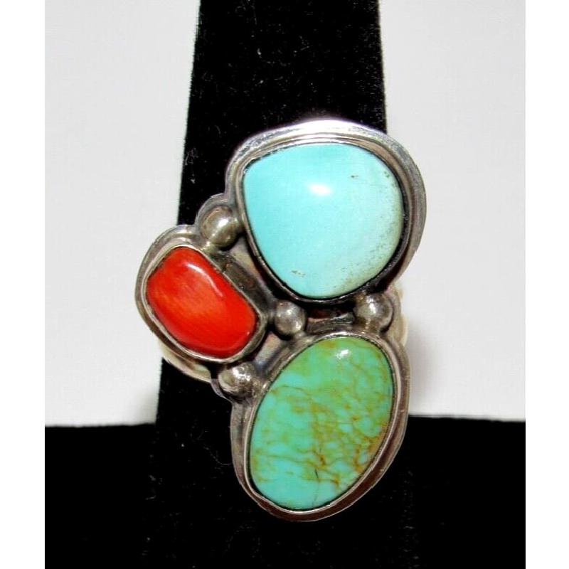 Navajo Cactus Ring Sz 7 Sterling Silver Royston Turquoise Mediterranean Coral (1 of 6)