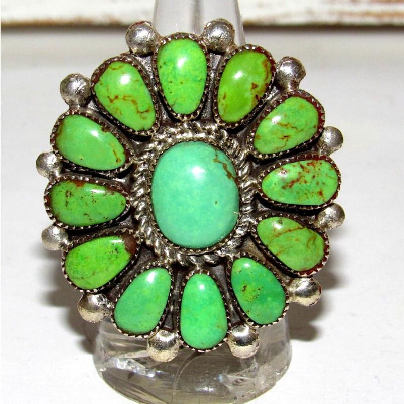 Navajo Emerald Valley Turquoise & Royston Cluster Ring Size 8 Native American (1 of 5)