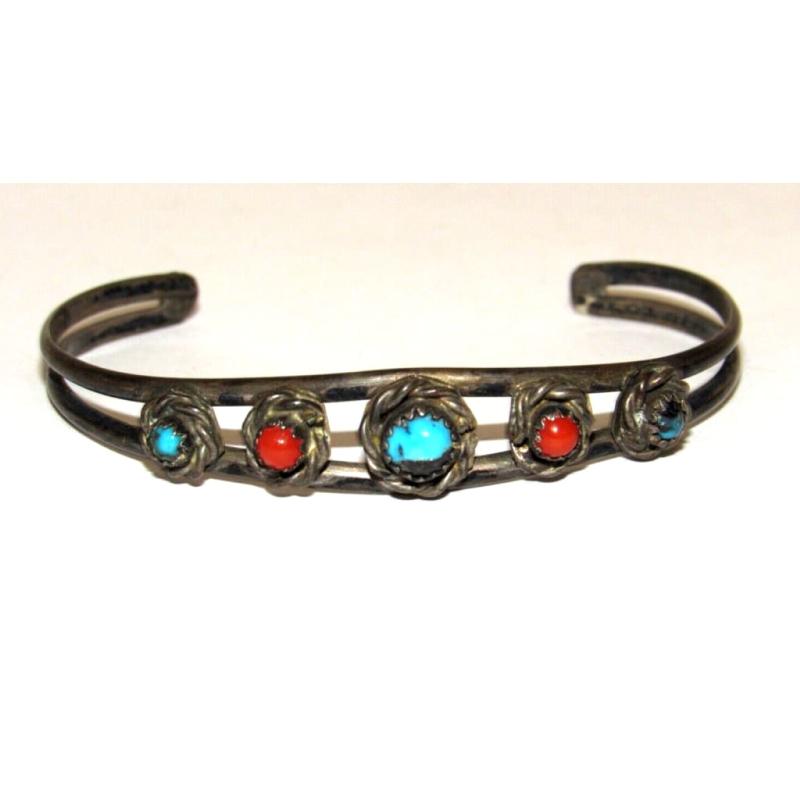 Old Pawn Navajo Turquoise Coral Sterling Silver Stacker Cuff Bracelet (1 of 6)